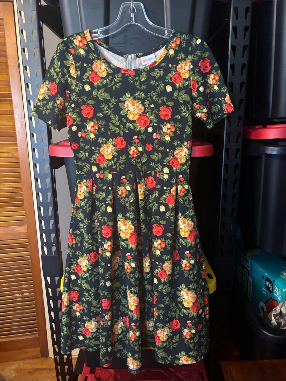 Black Floral Fit-and-Flare Dress with Red and Yellow Roses